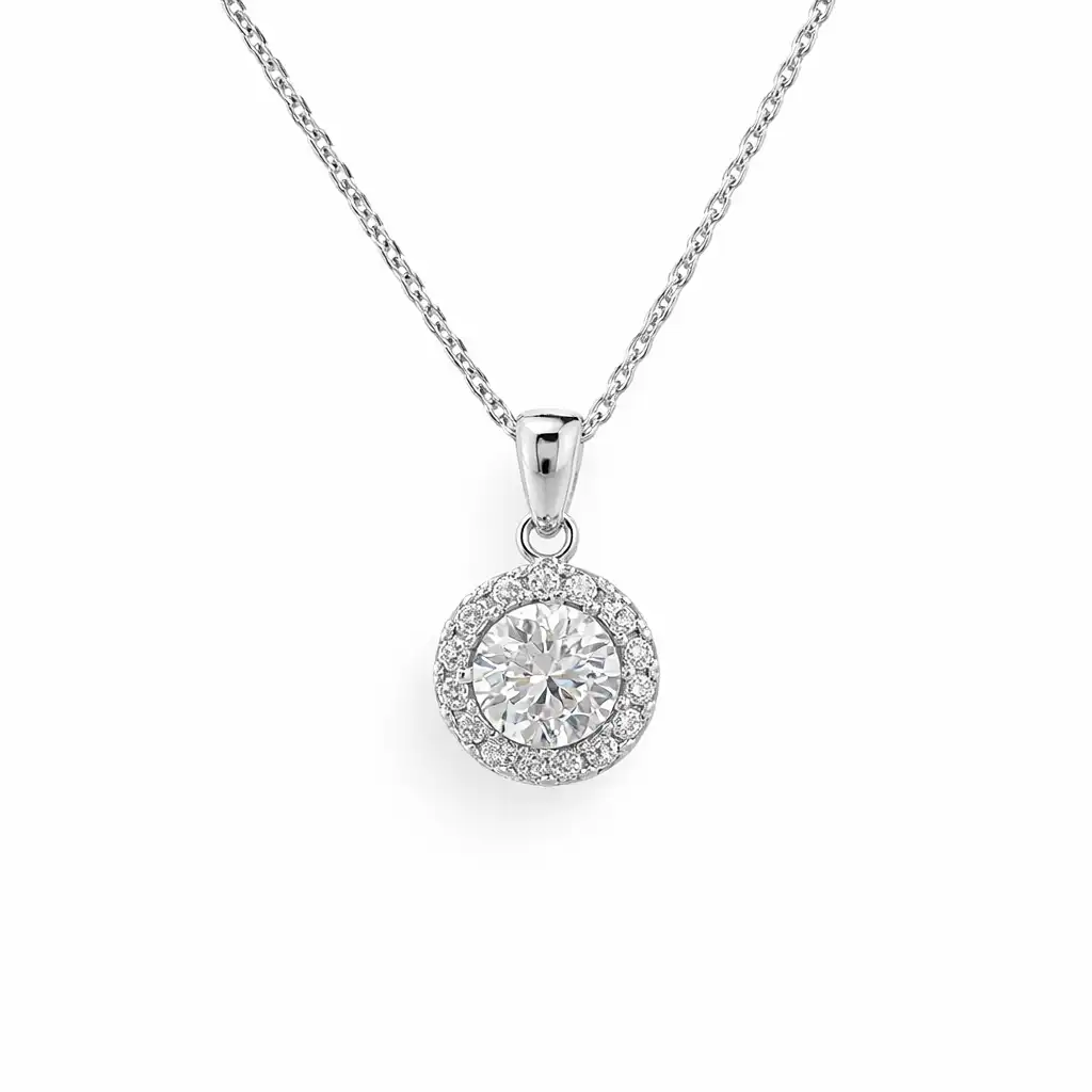 Lănțișor cu pandantiv rotund din aur alb 14k cu zirconia — Luvand Jewelry