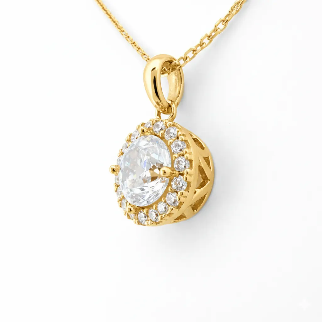 Lănțișor cu pandantiv rotund din aur galben 14k cu zirconia — Luvand Jewelry