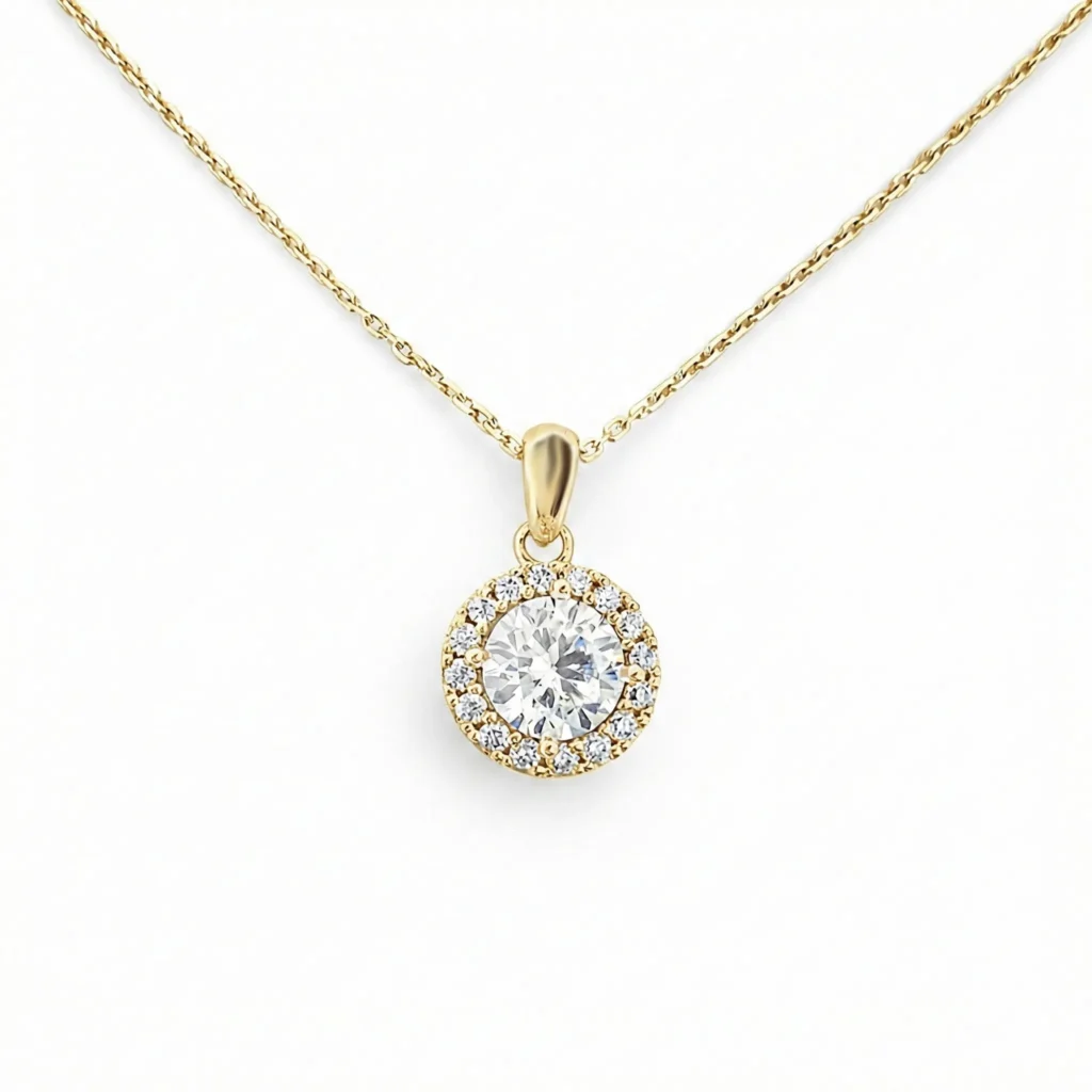 Lant cu pandantiv rotund din aur galben cu zirconii (1)